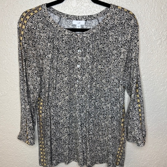 J. Jill Black White Yellow Floral Casual Peasant Relaxed Top Women's Size Medium - Picture 1 of 13